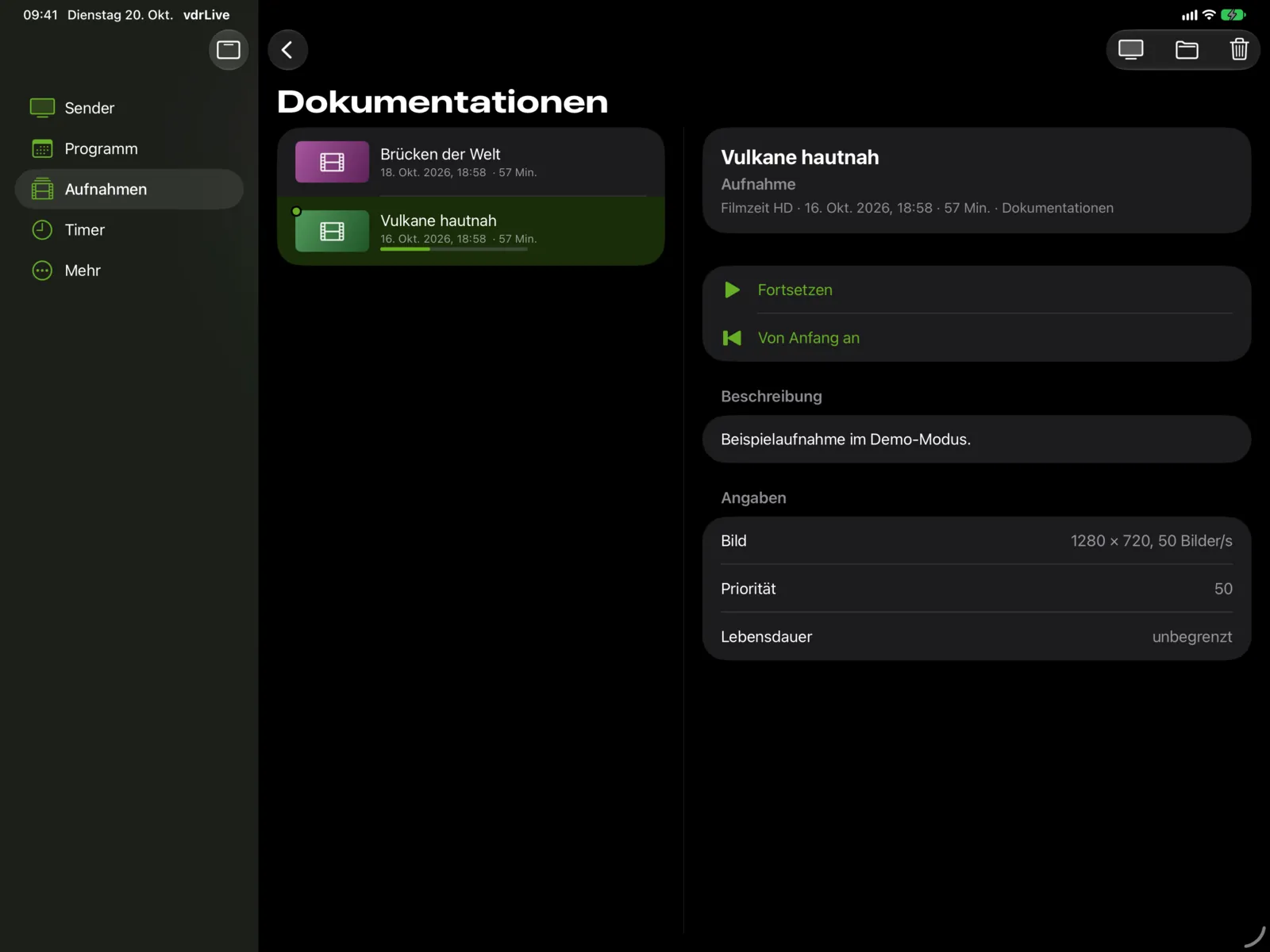 Aufnahmen auf dem iPad: Ordner links, Details der gewählten Aufnahme rechts