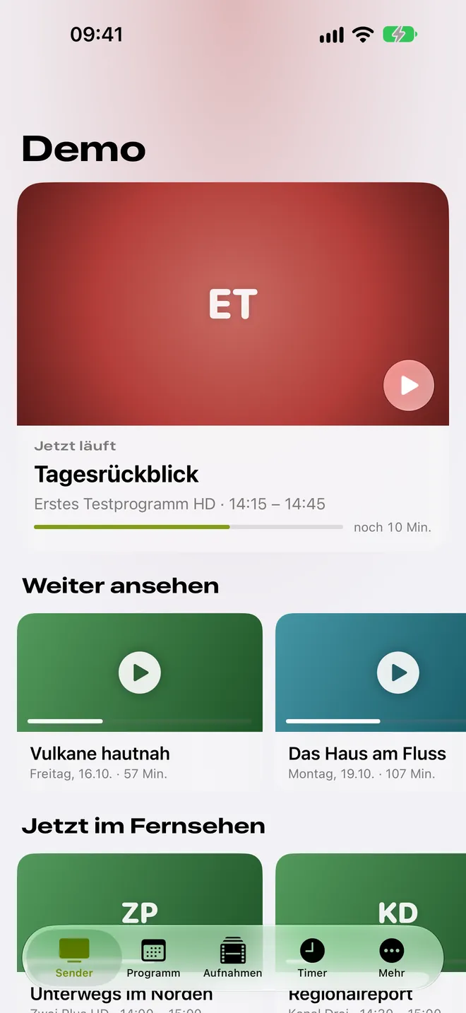 Startseite auf dem iPhone mit dem zuletzt gesehenen Sender