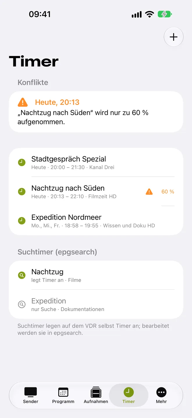 Timerliste mit einem Konflikt und zwei Suchtimern