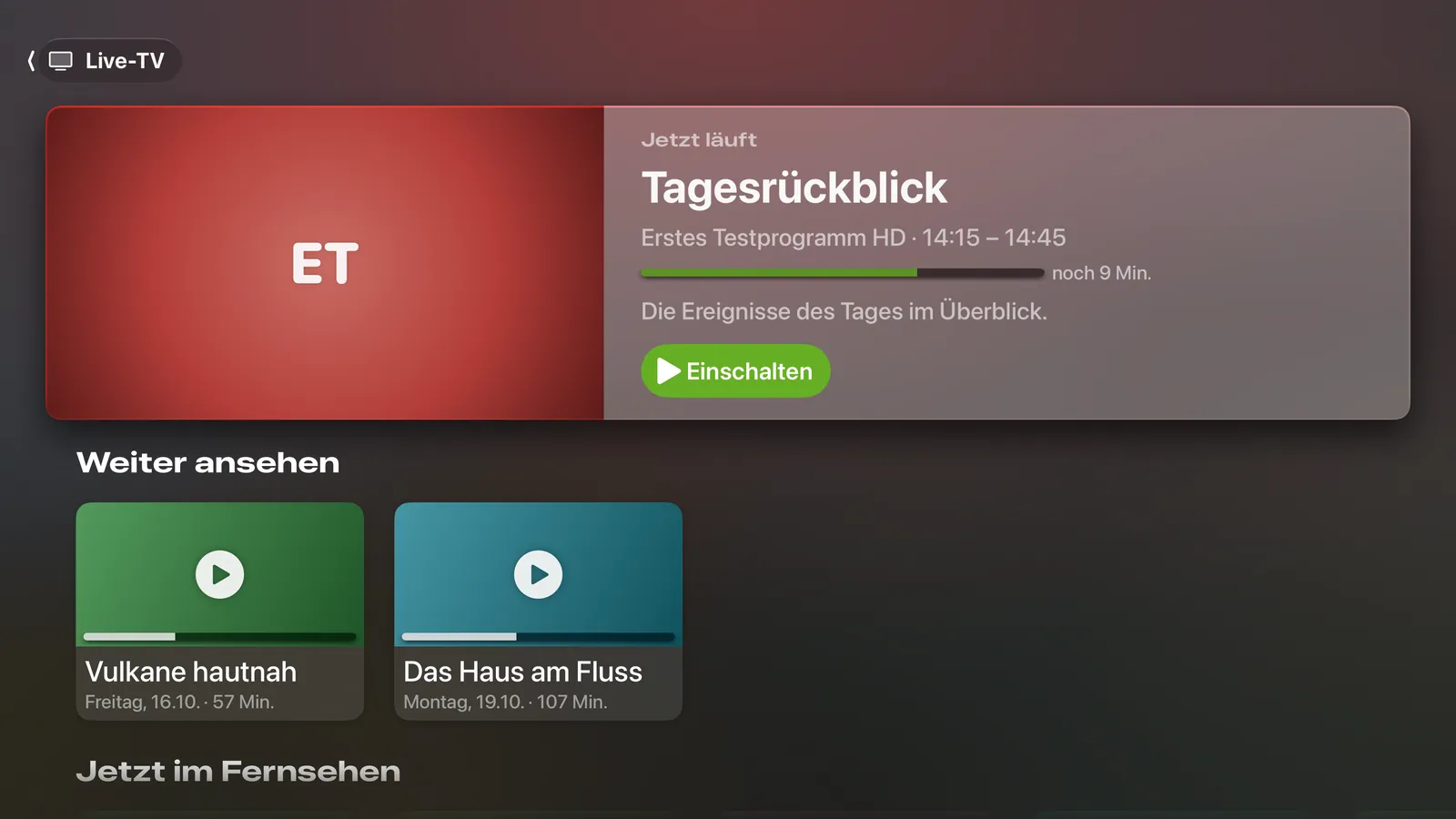 Startseite auf dem Apple TV mit dem zuletzt gesehenen Sender