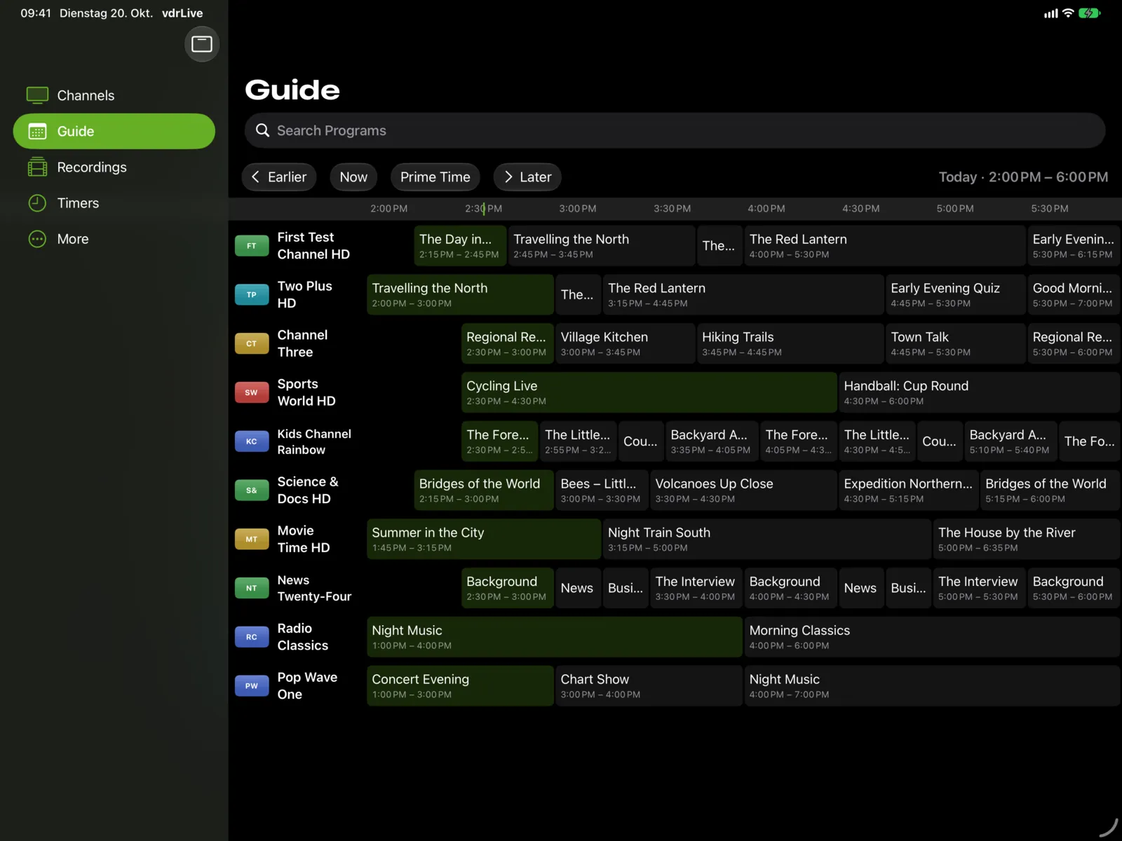 Guide grid on iPad with ten channels across four hours