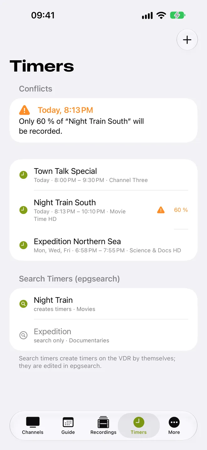 Timer list with one conflict and two search timers